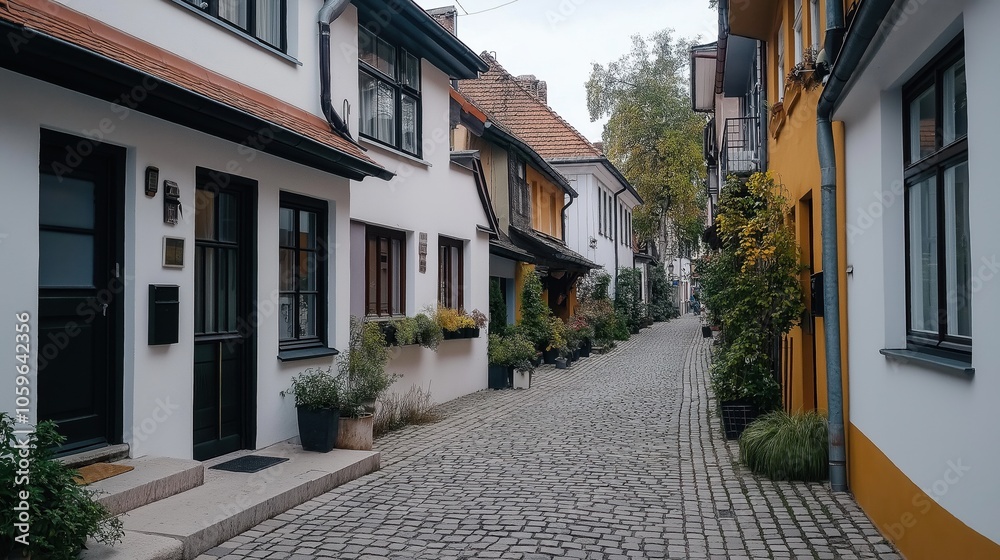 Fototapeta premium Picturesque narrow cobblestone street lined with colorful residential houses and plants