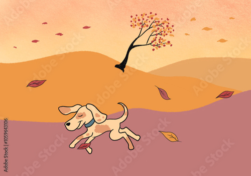 Dog running in autumn leaves photo