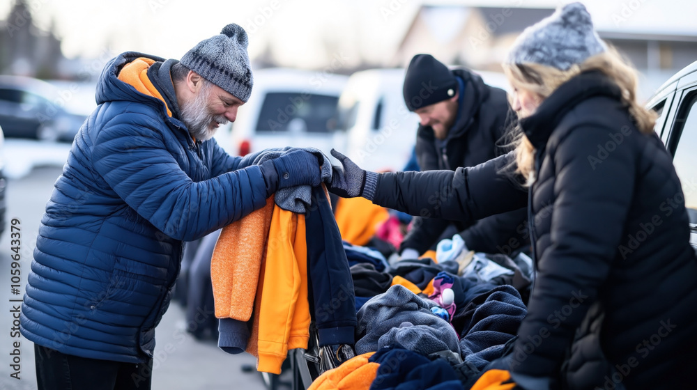 A group of people distributing warm clothing at an outdoor charity event during winter. They are wearing winter jackets and hats, with one person handing a sweater to another.