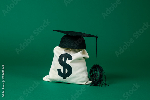 graduate cap on top of a money sack photo