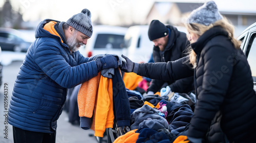 Obraz na płótnie A group of people distributing warm clothing at an outdoor charity event during winter. They are wearing winter jackets and hats, with one person handing a sweater to another. w salonie
