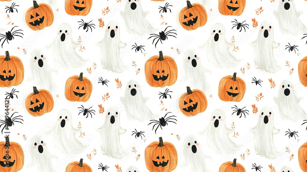 Fototapeta premium Whimsical Halloween seamless pattern featuring hand painted ghosts playful pumpkins and charming spiders ideal for children s fabric and creative projects