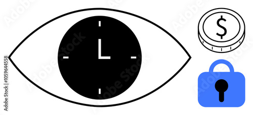 Central eye contains clock surrounded by dollar coin and padlock. Ideal for time management, finance, security, productivity, and efficiency themes. Clean, minimalistic style