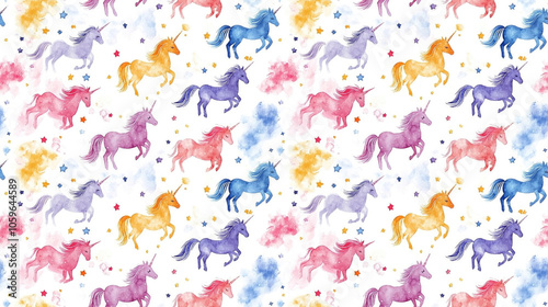 Seamless watercolor pattern featuring small unicorns and Pegasuses perfect for children s fabric printing or wallpaper design photo