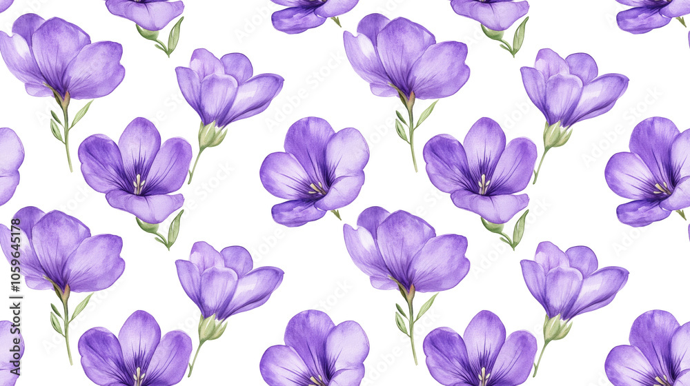 Fototapeta premium Violet freesia flower seamless pattern in watercolor with hand drawn full bloom elements on a white background