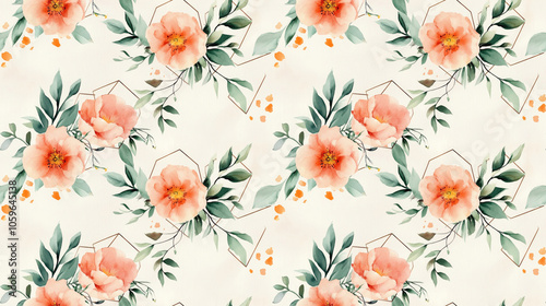 Seamless pattern of geometric frames adorned with light pink and orange watercolor flowers and green leaves ideal for romantic wedding stationery and greeting cards