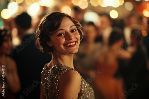 A young flapper woman in a beaded dress, dancing joyfully in a crowded 1920s speakeasy, lively mood, evening lighting, focus on her smile, medium close-up 4