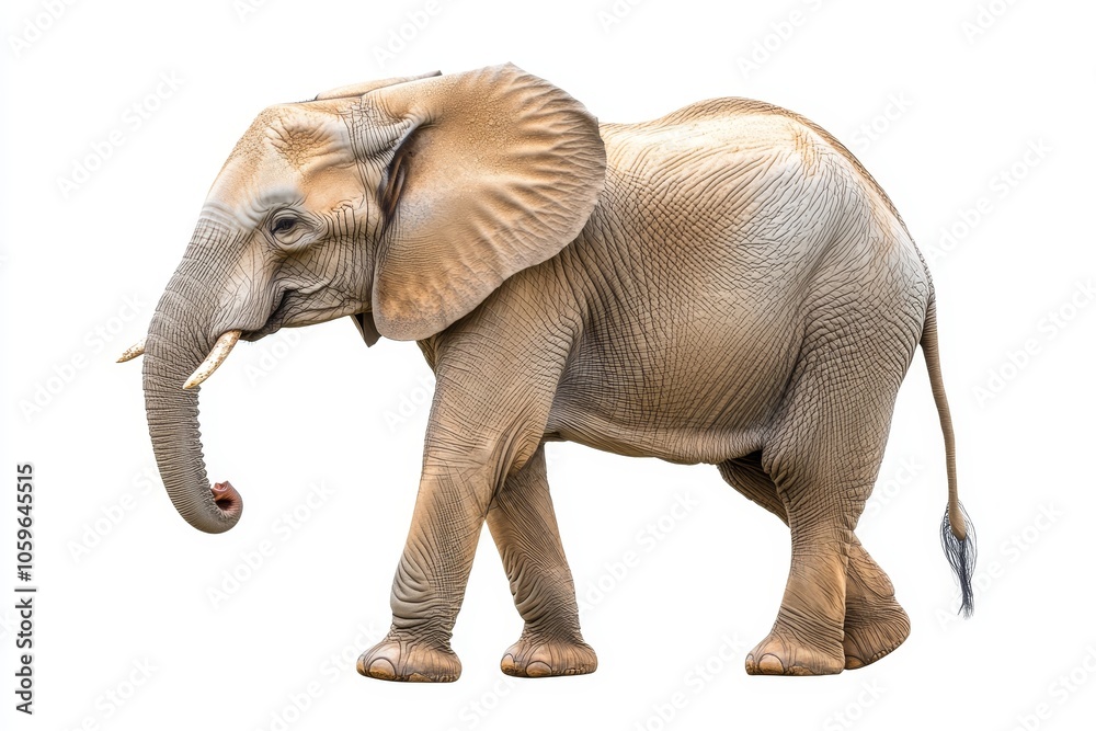 Obraz premium Elegant profile of a gentle elephant with raised trunk against a clean white background isolated