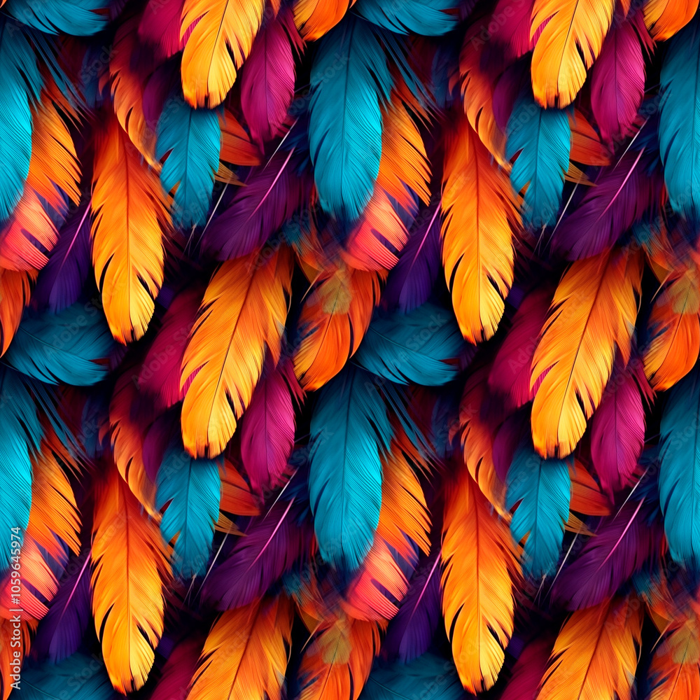 Fototapeta premium Tropical bird feathers, vibrant colors, nature-inspired, exotic mood, detailed and colorful. Background, seamless pattern