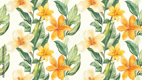 Fototapeta Naklejka Na Ścianę i Meble -  Seamless watercolor pattern featuring vibrant tropical flowers including magnolia orange flower vanilla orchid and lush banana leaves perfect for fabric and wallpaper design