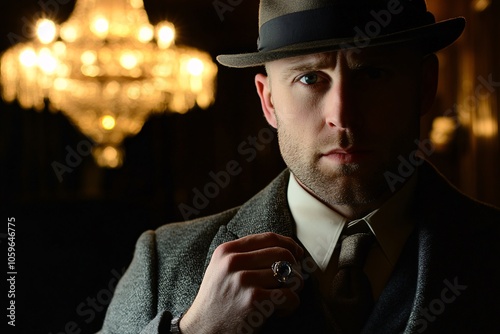 A sharp-suited man in a fedora and overcoat, adjusting his cufflinks in a luxurious 1920s speakeasy, chandelier lighting, medium close-up 2