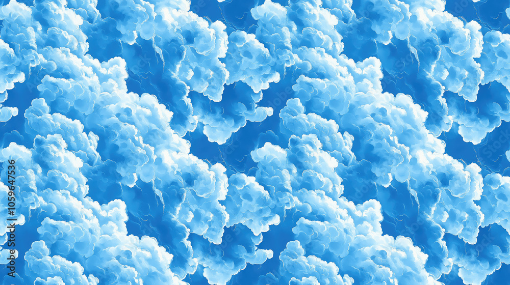 Fototapeta premium Seamless pattern of vibrant blue cowhide interspersed with fluffy blue clouds ideal for textile design and home decor