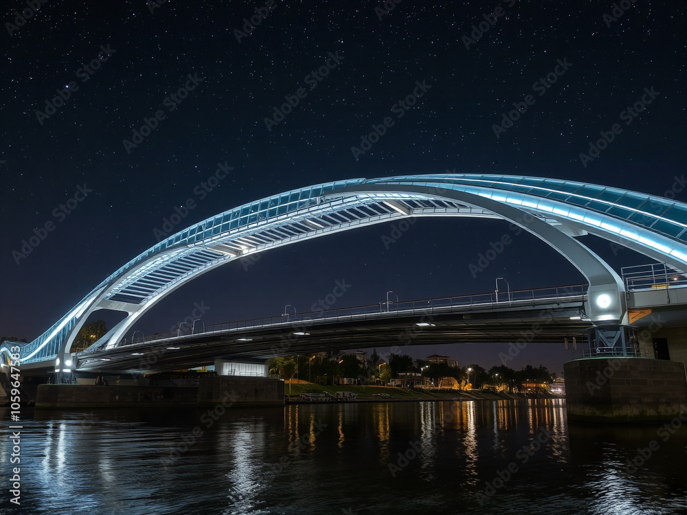 Fototapeta premium City Harbour Bridge at Night Over the River with Reflections of City Lights