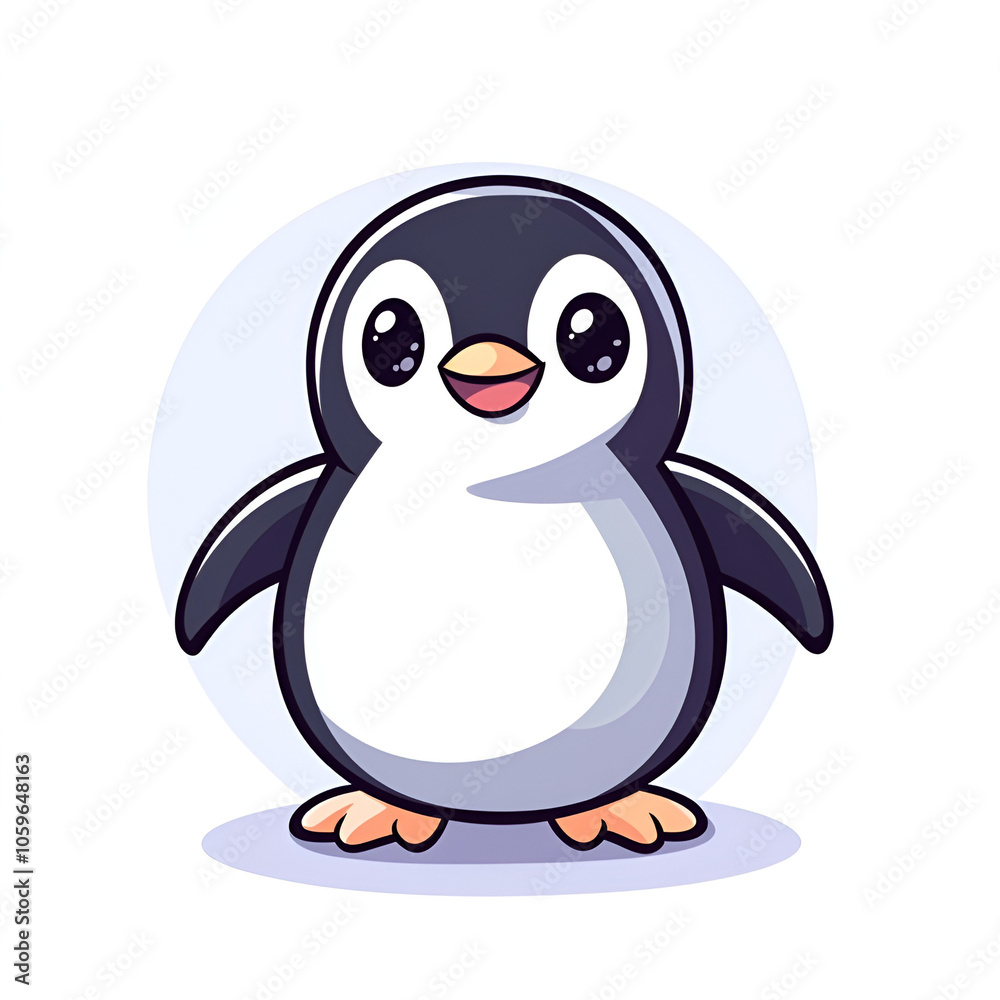 Obraz premium This is a cute cartoon illustration of a happy penguin. It has big, round eyes and a friendly smile. The penguin is standing upright with its wings slightly raised.