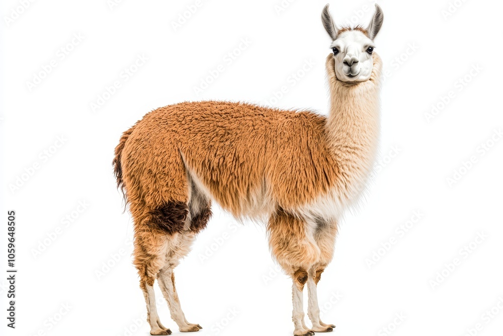 Obraz premium Calm llama portrait with soft brown and white fur on a white background in minimalistic style isolated