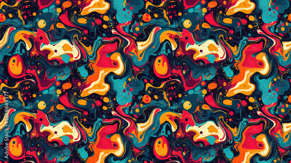 Naklejka premium Colorful abstract painting seamless pattern featuring vibrant fluid marbling textures and intricate swirls perfect for fabric design and artistic projects