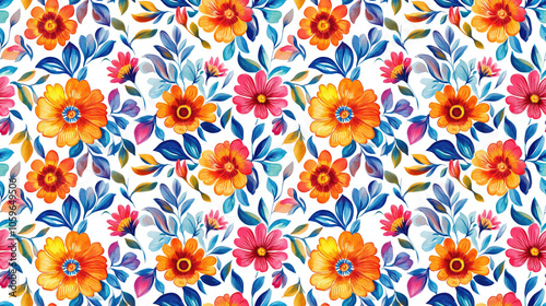 Watercolor floral pattern featuring vibrant flowers and leaves in ethnic style ideal for textile design and home decor