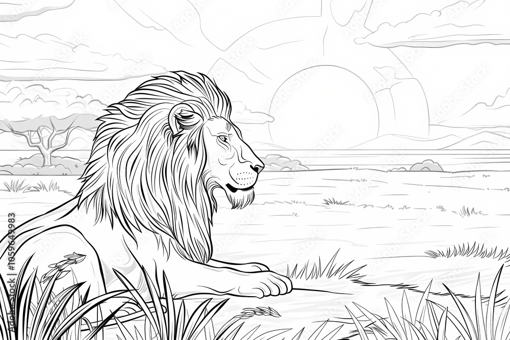 Obraz premium A majestic lion in profile, resting on the grass as the sun sets over the African savannah, creating a tranquil atmosphere.