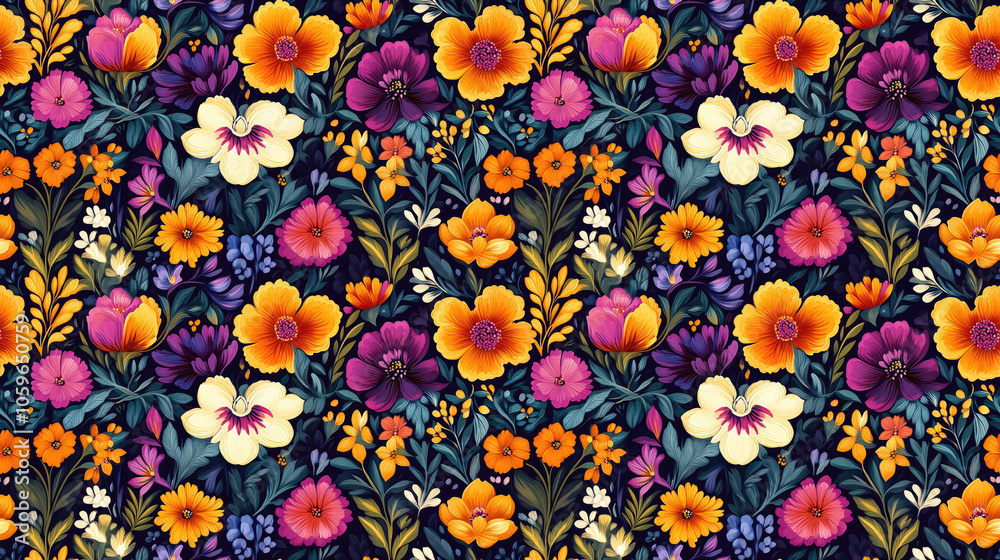 Fototapeta premium Floral composition seamless pattern featuring intricate designs and vibrant colors for textiles and home decor