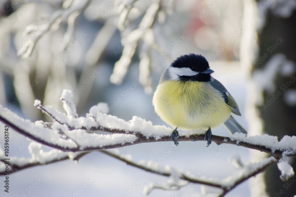 Obraz premium Winter bird perched on a frosty branch in snow