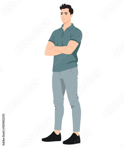 Vector illustration. A man in a dark green t-shirt and sweatpants stands confidently with his arms crossed. Sporty, but restrained look.