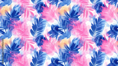 Vibrant seamless pattern featuring pastel tropical elements with abstract folk ink and tie dye effects ideal for fabric design and home decor