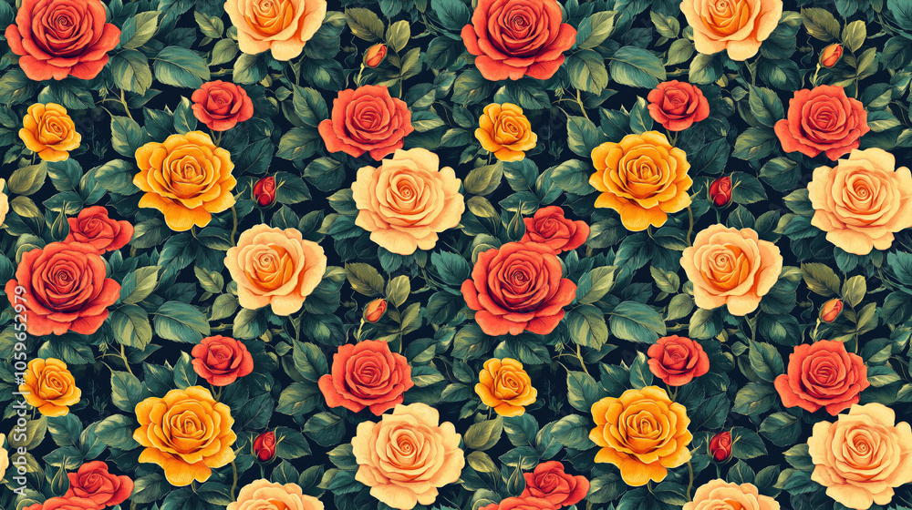 Fototapeta premium Hand drawn seamless pattern featuring multicolored roses vibrant floral design for textiles and wallpapers