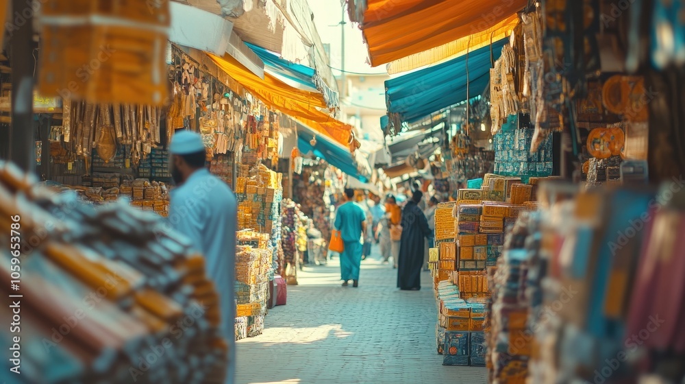 Fototapeta premium A man walks through a bustling market, colorful wares lining the narrow street.