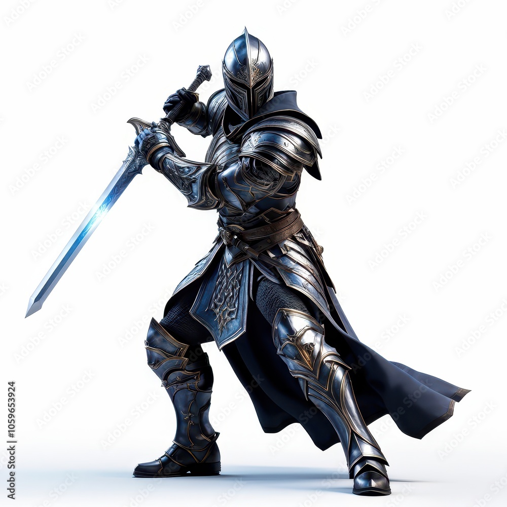 Fototapeta premium A knight in shining armor wielding a sword, ready for battle.