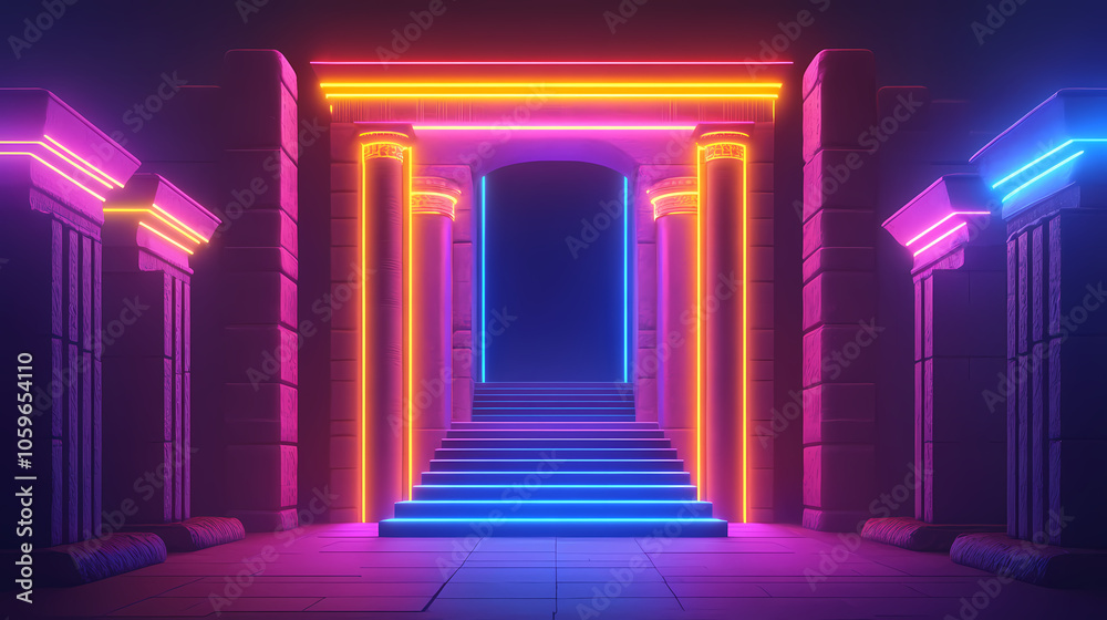 Neon line style ancient mesopotamian entrance. Ancient Mesopotamian City. Illustration Neon line style ancient mesopotamian entrance. Ancient Mesopotamian City. Illustration