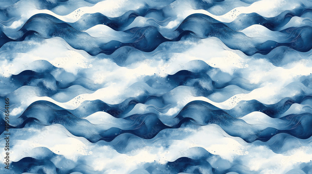 Fototapeta premium Seamless abstract wave pattern featuring curls and clouds with watercolor textures and digital lines perfect for textile decor and design