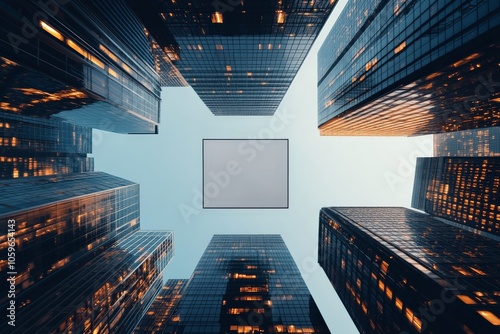 An upward perspective of tall reflective skyscrapers framing a clear sky, emphasizing modern urban architecture and its monumental scale and symmetry. photo