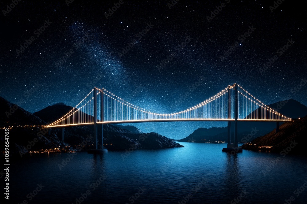 Obraz premium A beautifully glowing bridge stretches across a serene river under a brilliantly star-filled night sky, crafting a picturesque scene of elegance and wonder.