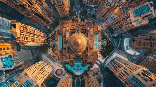 A bird's-eye view of a modern city with a large building featuring a golden dome and surrounded by tall skyscrapers. The aerial perspective showcases the geometric patterns and symmetry of the archite photo