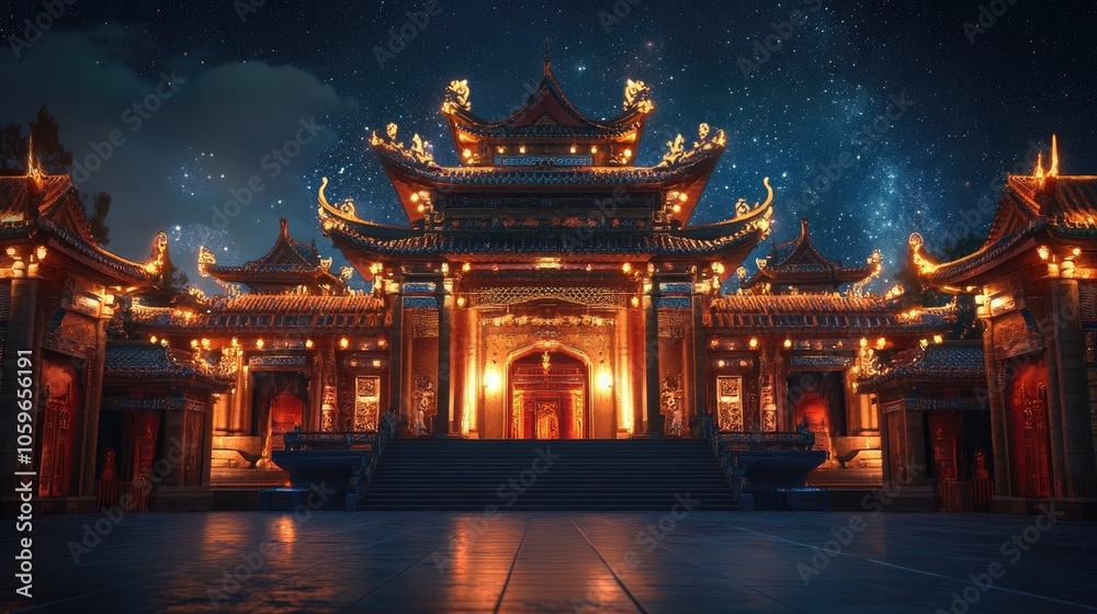 Obraz premium A grand, ornately decorated temple glows with warm light against a backdrop of a starry night sky.