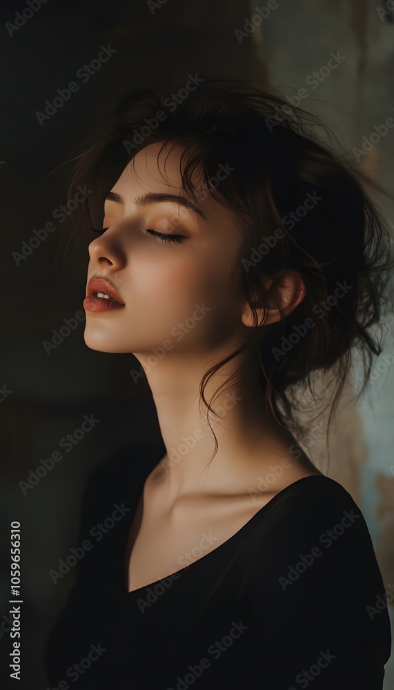 Fototapeta premium A woman in a black top with her hair up