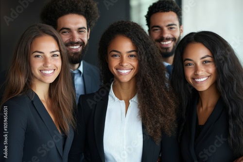 A group of five diverse professionals, smartly dressed, stand together smiling, exuding a sense of unity, diversity, and happiness in a modern office setting. photo