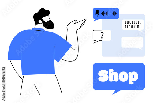 A man in blue shirt interacting with digital icons such as speech bubbles, binary code, and shopping-related prompts. Ideal for technology, e-commerce, customer service, digital communication, online