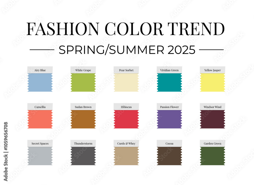 Fashion Color Trend Spring - Summer 2025. Trendy colors palette guide. Brush strokes of paint color with names swatches. Vector template for your creative designs.