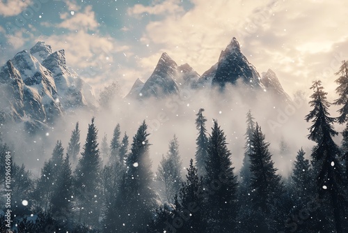 Forêt de sapins enneigée avec montagnes brumeuses et ciel doré.. photo