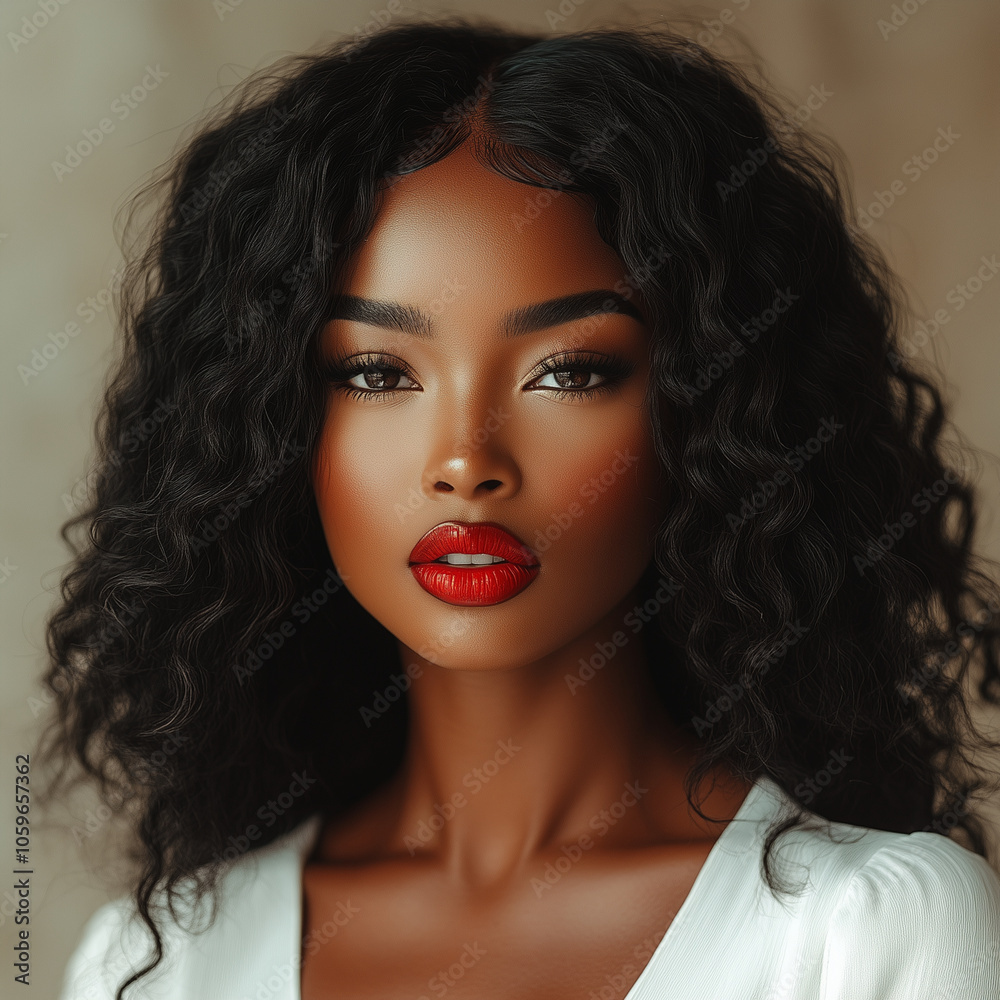 African American Woman with Curly Hair with Middle Part Wearing Red ...