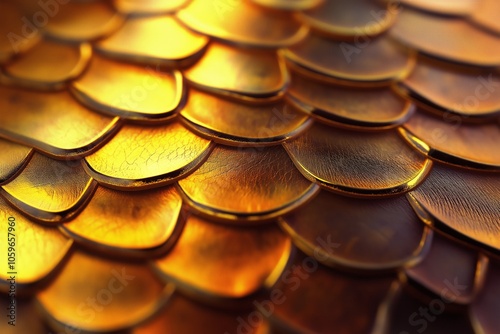 Close-up of textured golden scales with a metallic, reflective finish, creating a warm and luxurious pattern ideal for backgrounds..