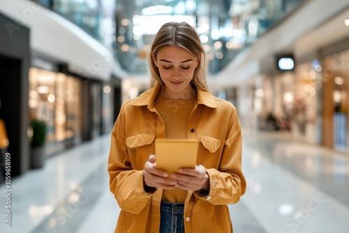 Blonde woman in analogous yellow outfit navigates mall corridors, engaging with her mobile device, embodying modern exploration and digital interaction in retail space. photo