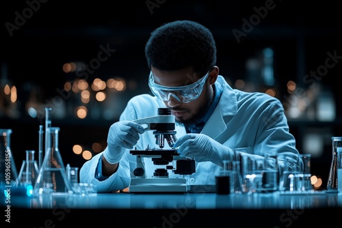 A diligent male researcher, wearing protective eyewear and lab coat, observes a specimen under a microscope in a lab filled with glass beakers, emphasizing discovery. photo