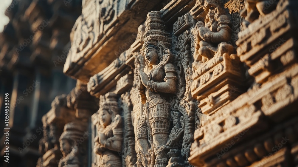 Obraz premium Intricate stone carvings adorn the facade of a temple, showcasing the artistry of ancient craftsmanship.