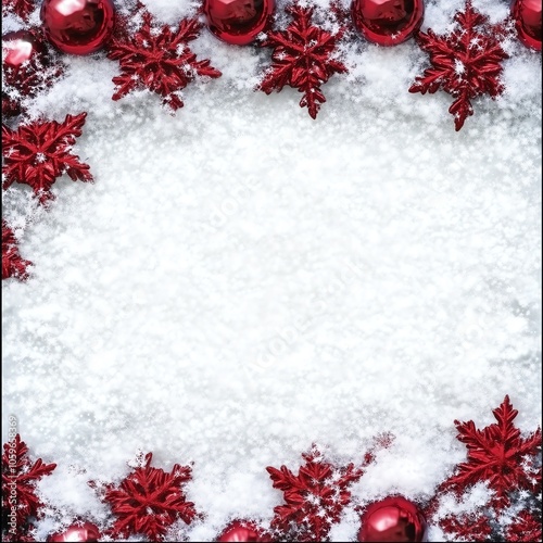 Fond de Noël avec décorations rouges et flocons scintillants sur neige.. photo