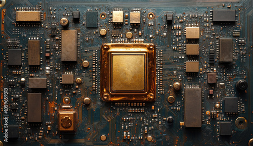 High-resolution macro image of a gold integrated circuit board