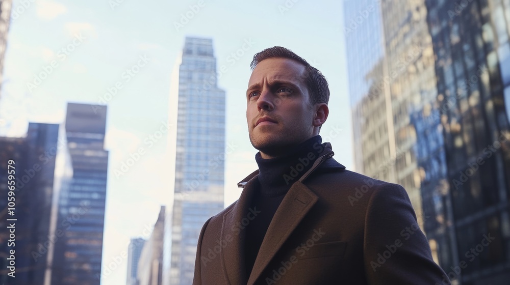Fototapeta premium Confident businessman standing in a modern urban setting with skyscrapers towering under the clear sky during daylight hours
