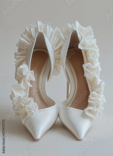 These sleek white high heels feature delicate ruffles around the ankle, perfect for bridal wear or formal occasions, highlighting elegance and style.