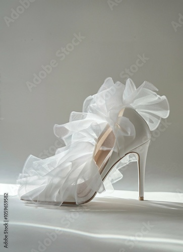 A stylish white high-heeled shoe features intricate ruffles, elegantly positioned with soft lighting highlighting its design against a simple backdrop.